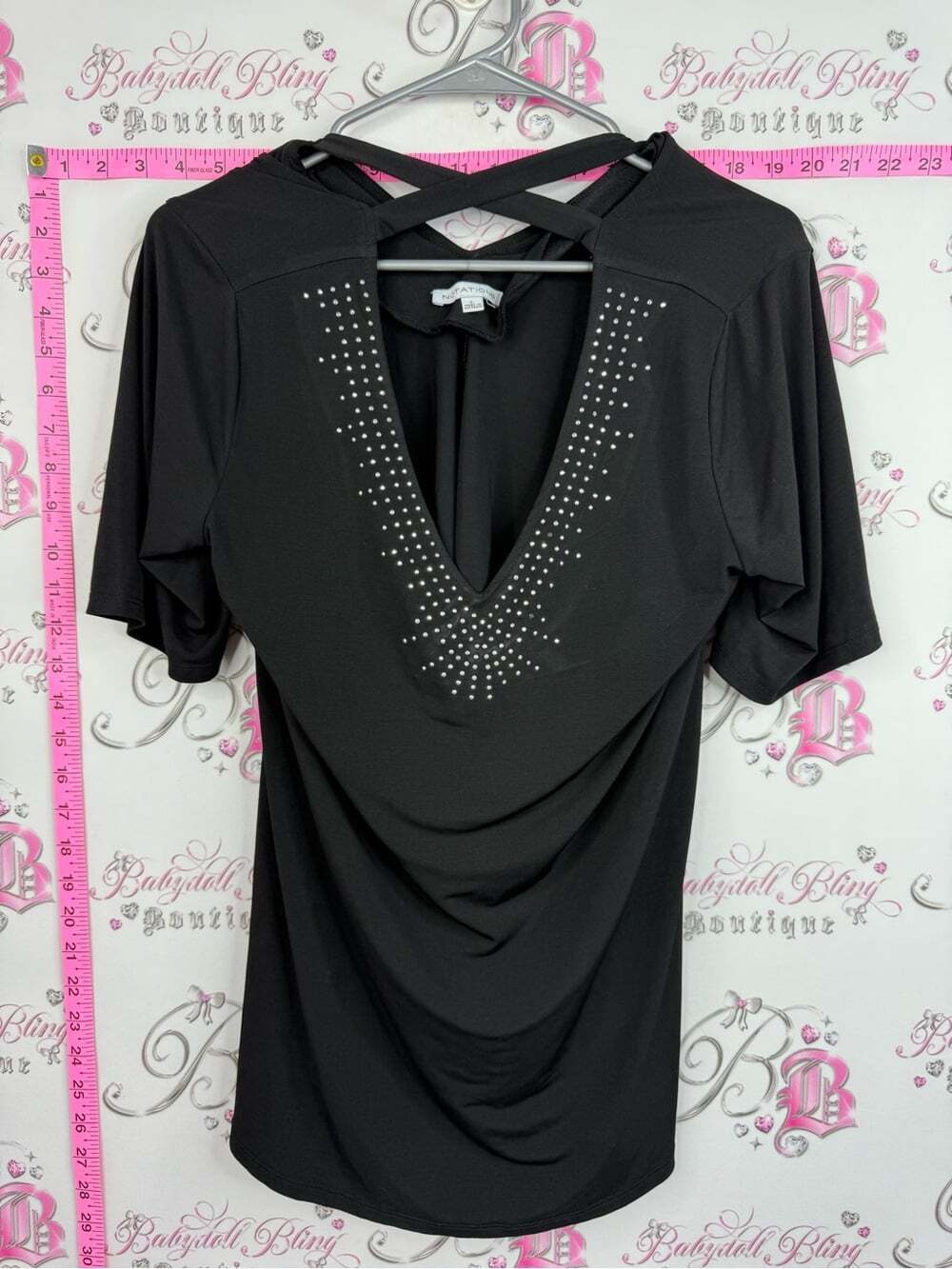 Notations Black Short Sleeve V-Neck Top with Stud Accents and Crisscross Back